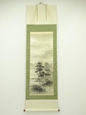 清灯筆　水墨山水　肉筆絹本掛軸（中島清堂識箱）